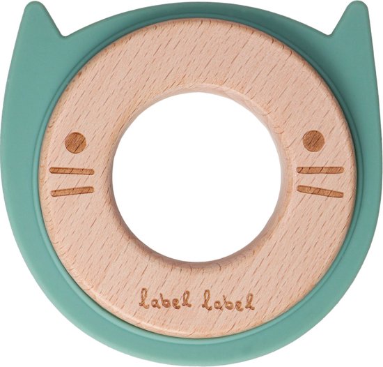 label label Beißring Holz & Silikon – Katzenkopf Grün