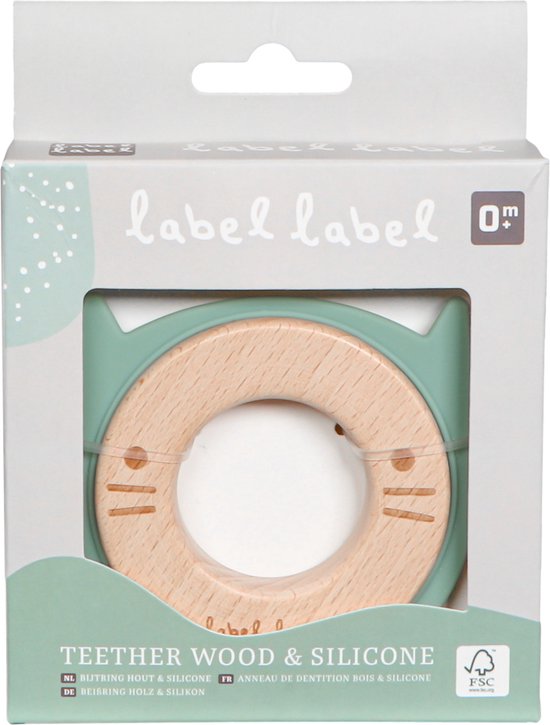label label Beißring Holz & Silikon – Katzenkopf Grün