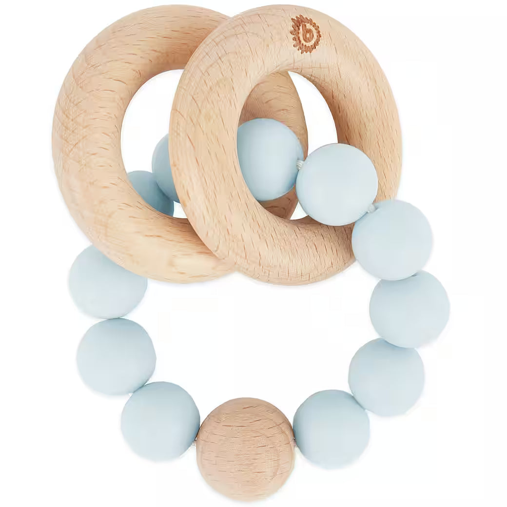 Bieco Beißring aus Holz und Silikon in Blau/ Hazy